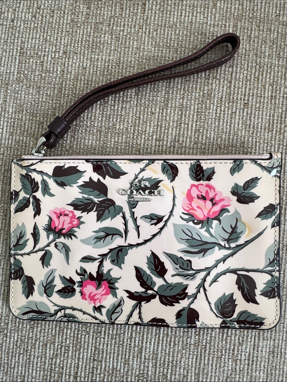 Coach Pink Floral Wristlet with Brown Strap and Pink Blooms - Picture 2 of 2